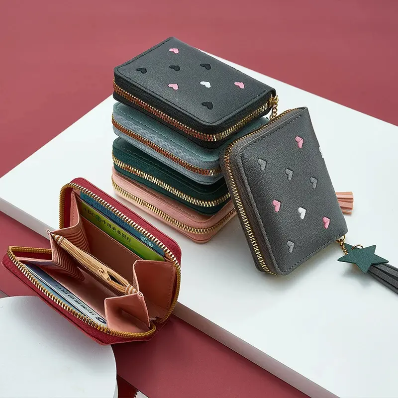 Pu Women Mini Wallet Small Card Bag Ladies Money Clip Love Embroidery Multifunctional Wallet Women Short Certificate Storage Bag