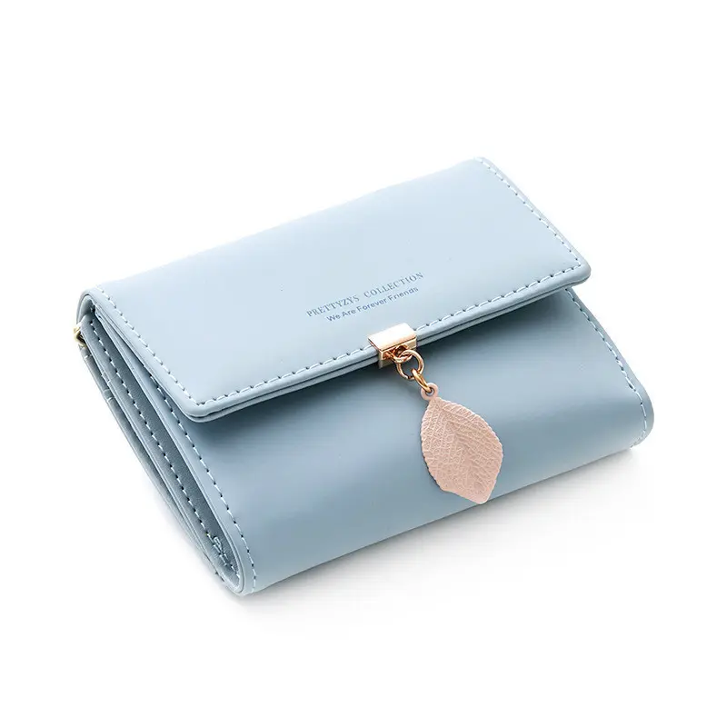 2024 Spring and summer new women's short wallet Japan and South Korea small fresh personality leaf pendant three fold bag simple