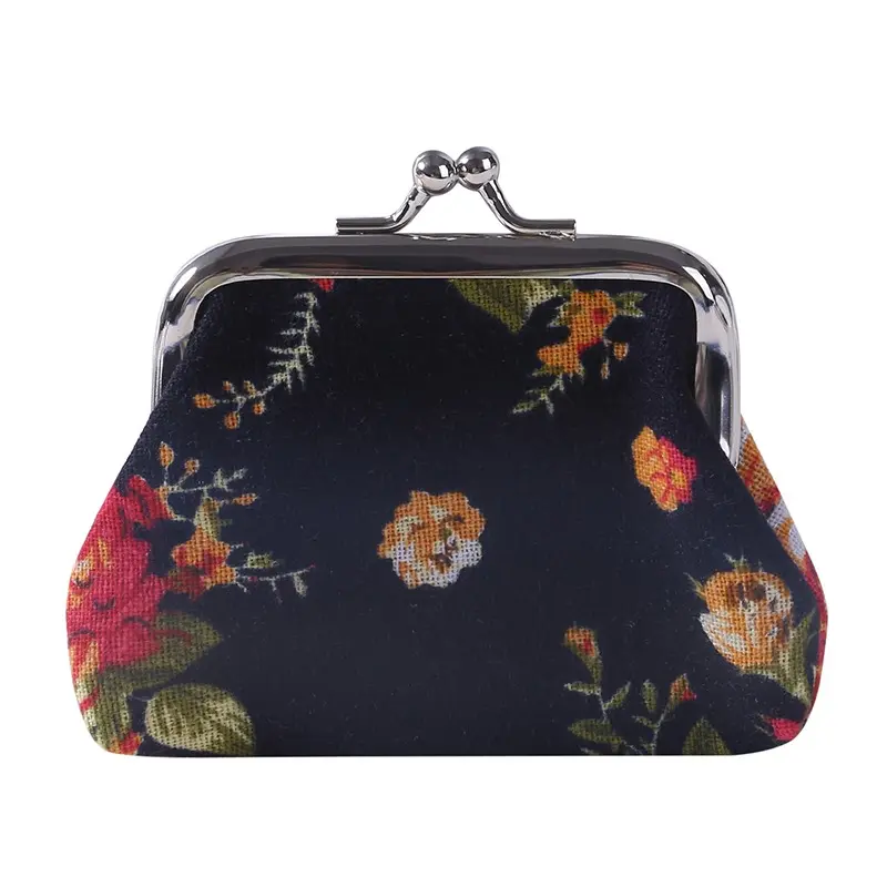 Kiss Lock Coin Purse, Women's Stylish Small Canvas Floral Pattern Storage Bag Ofr Keys & Lipstick