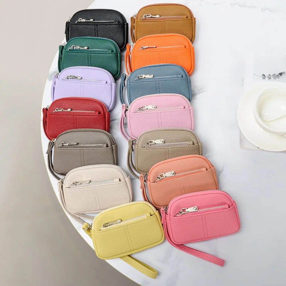 1Pc Portable PU Leather Women Mini Wallet Storage Bag Solid Color Students Coin Purse Large capacity Zipper Wrist Key Bag