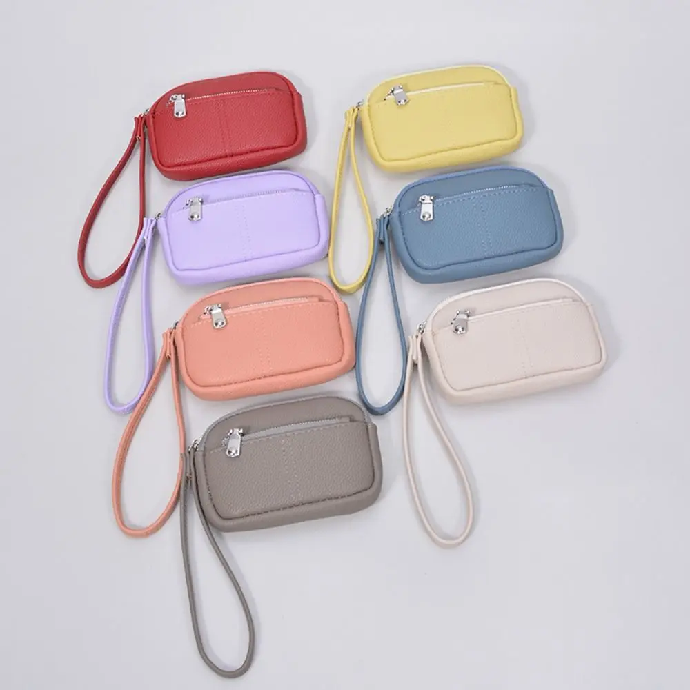 1Pc Portable PU Leather Women Mini Wallet Storage Bag Solid Color Students Coin Purse Large capacity Zipper Wrist Key Bag