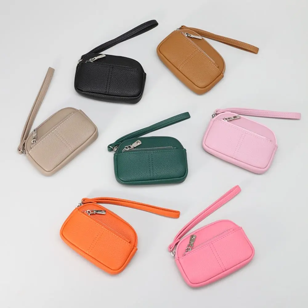 1Pc Portable PU Leather Women Mini Wallet Storage Bag Solid Color Students Coin Purse Large capacity Zipper Wrist Key Bag