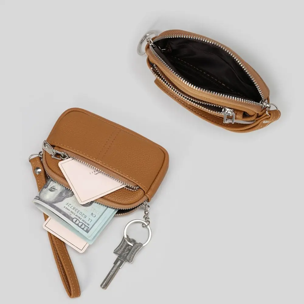 1Pc Portable PU Leather Women Mini Wallet Storage Bag Solid Color Students Coin Purse Large capacity Zipper Wrist Key Bag