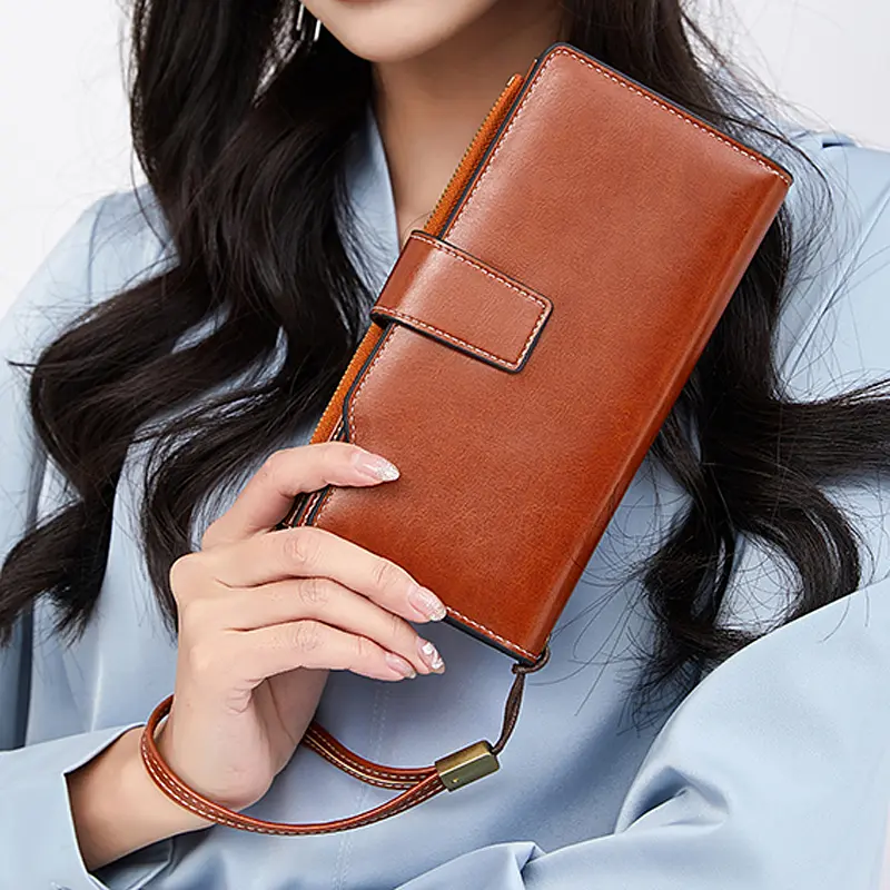 RFID anti-theft brush Women's retro long three fold foldable wallet with wrist strap multifunctional handheld credit card holder