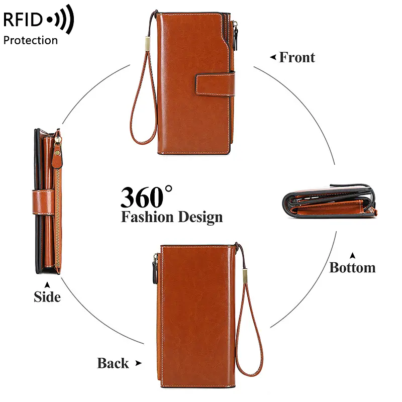 RFID anti-theft brush Women's retro long three fold foldable wallet with wrist strap multifunctional handheld credit card holder