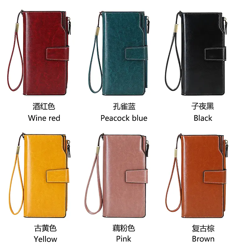 RFID anti-theft brush Women's retro long three fold foldable wallet with wrist strap multifunctional handheld credit card holder