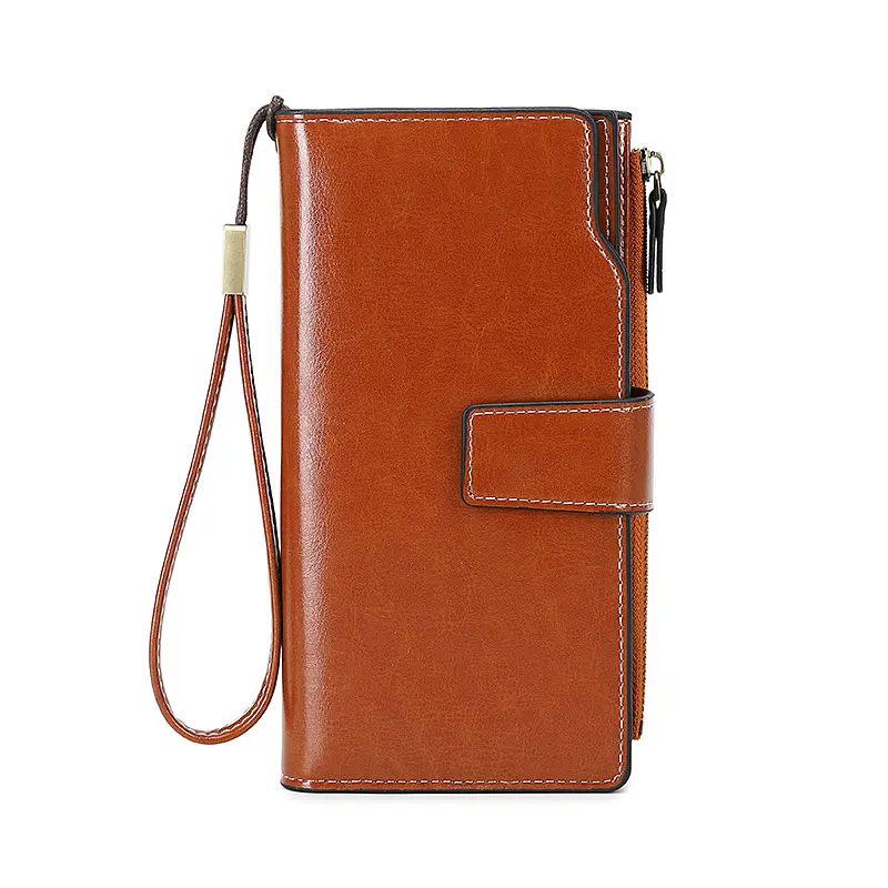 RFID anti-theft brush Women's retro long three fold foldable wallet with wrist strap multifunctional handheld credit card holder