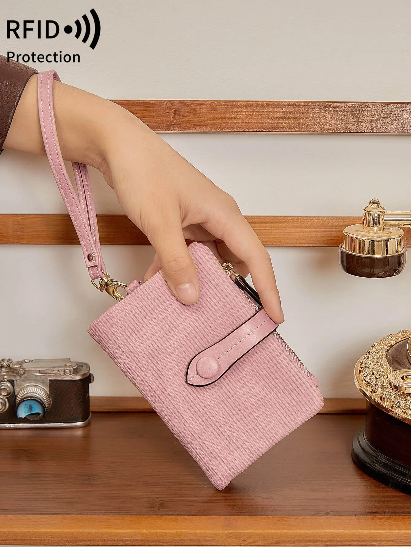 Solid Color Women's Trifold Wallet RFID Shielding Multifunctional Large Capacity Credit Card Bag with ID Window Short Coin Purse