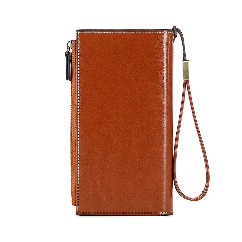 RFID anti-theft brush Women's retro long three fold foldable wallet with wrist strap multifunctional handheld credit card holder