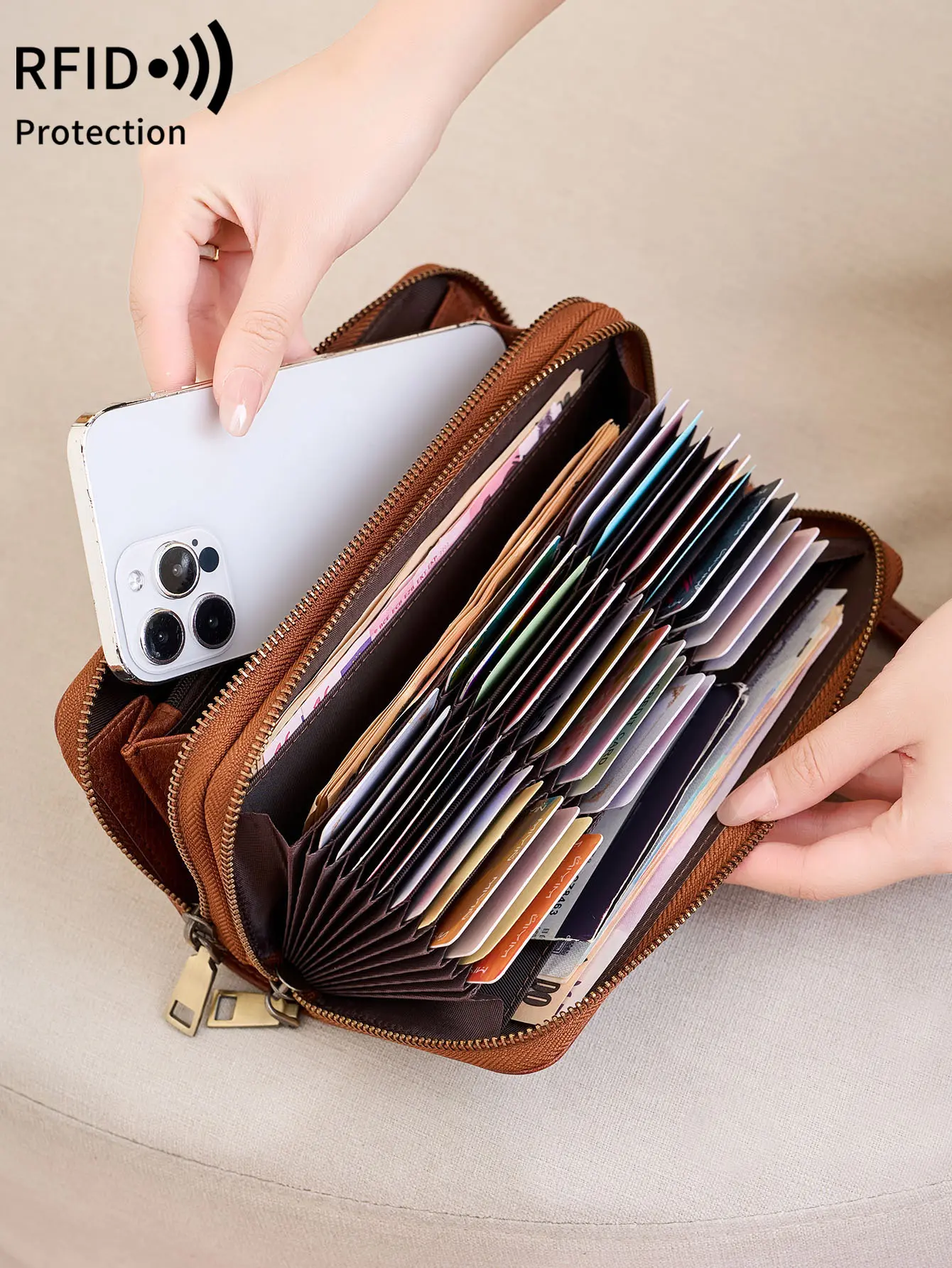 MIYIN Women's Double Zipper Long Wallet RFID Blocking Premium Leather Large Capacity Vintage Clutch Multi-Function Wristlet Bag