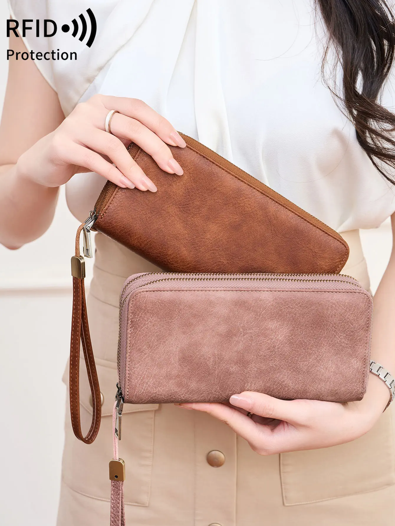MIYIN Women's Double Zipper Long Wallet RFID Blocking Premium Leather Large Capacity Vintage Clutch Multi-Function Wristlet Bag