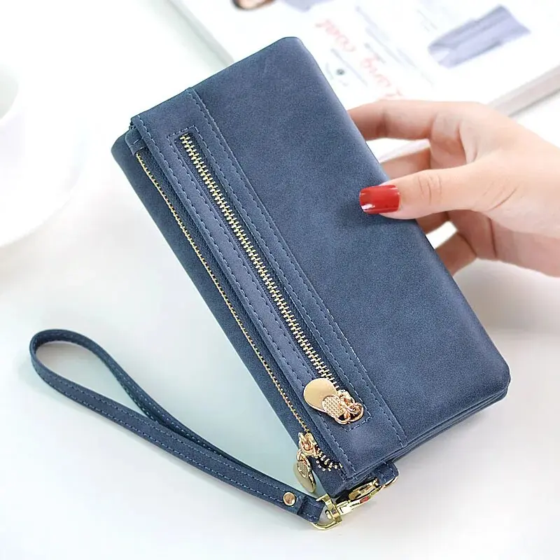 Fashion Nubuck Leather Women Wallets Female Double Zipper Card Holder Wallet Female Clutch Purse Money Bags Ladies Long Purse