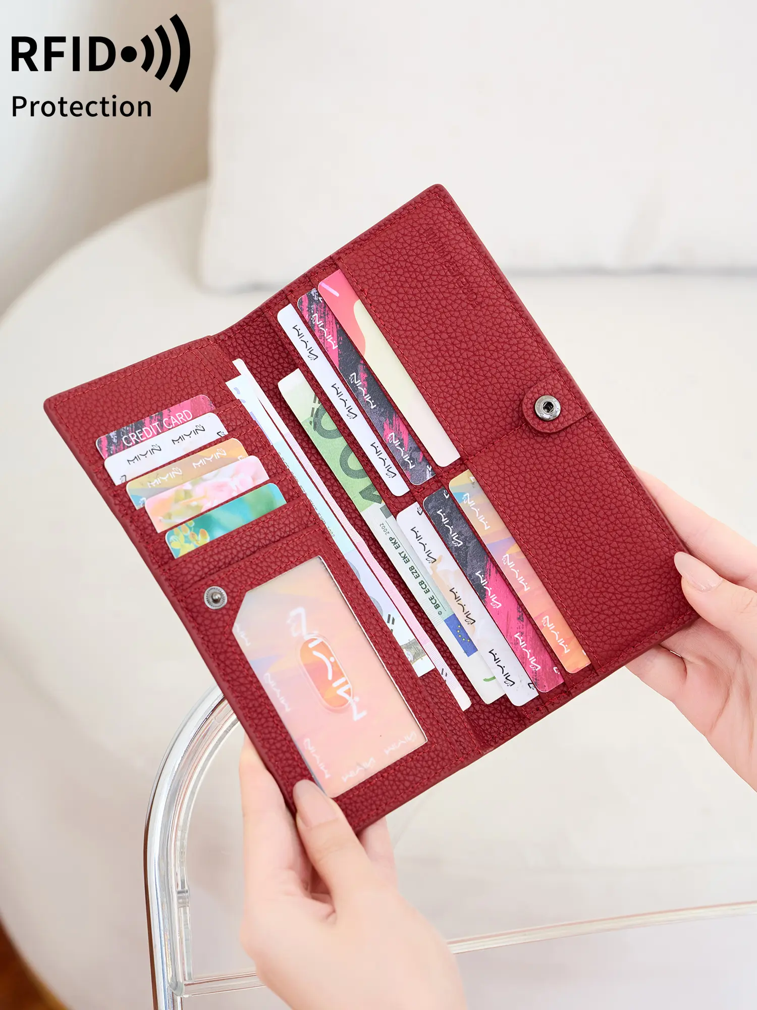 Minimalist Ultra-thin Women's Wallet RFID Blocking Credit Card Holder Bi-fold Long Women's Wallet Solid Color Portable Clutch