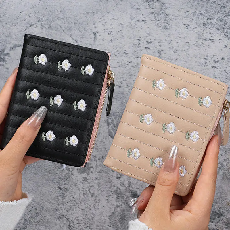 Folding Short Wallets Women Floral Embroidery PU Leather Texture Wallet Money Coin Bags Fashion All-match Designs Card Holders