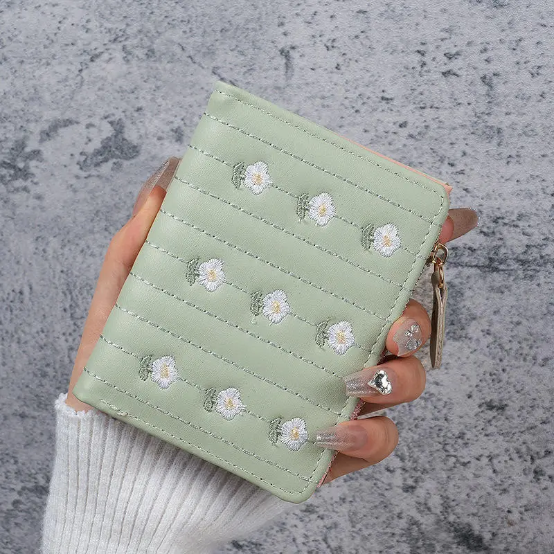 Folding Short Wallets Women Floral Embroidery PU Leather Texture Wallet Money Coin Bags Fashion All-match Designs Card Holders