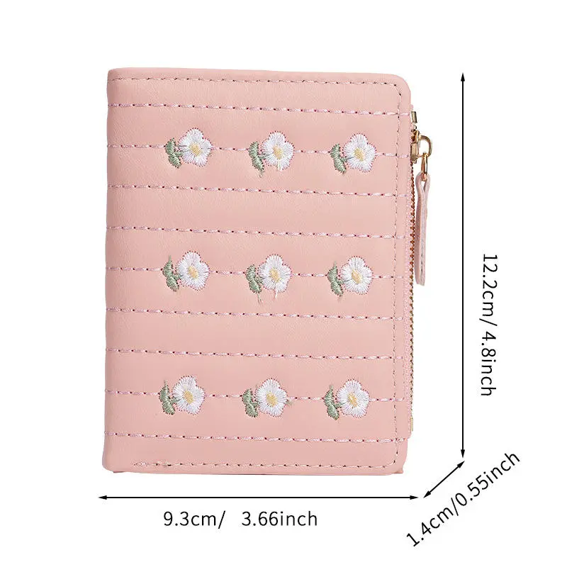 Folding Short Wallets Women Floral Embroidery PU Leather Texture Wallet Money Coin Bags Fashion All-match Designs Card Holders