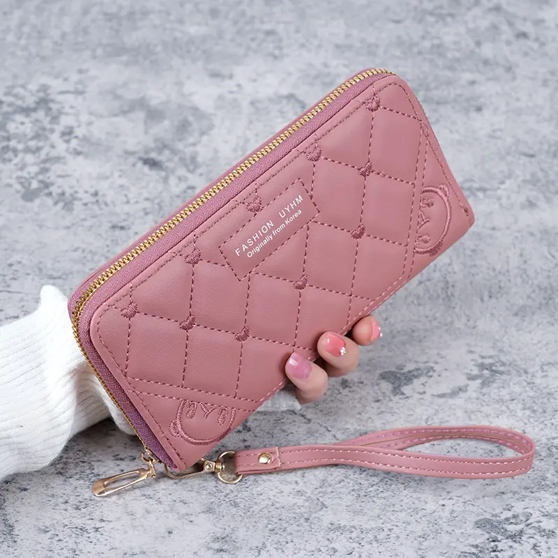 Spot 2024 summer new handbag fresh and sweet long ladies purse solid color PU leather embroidered wallet