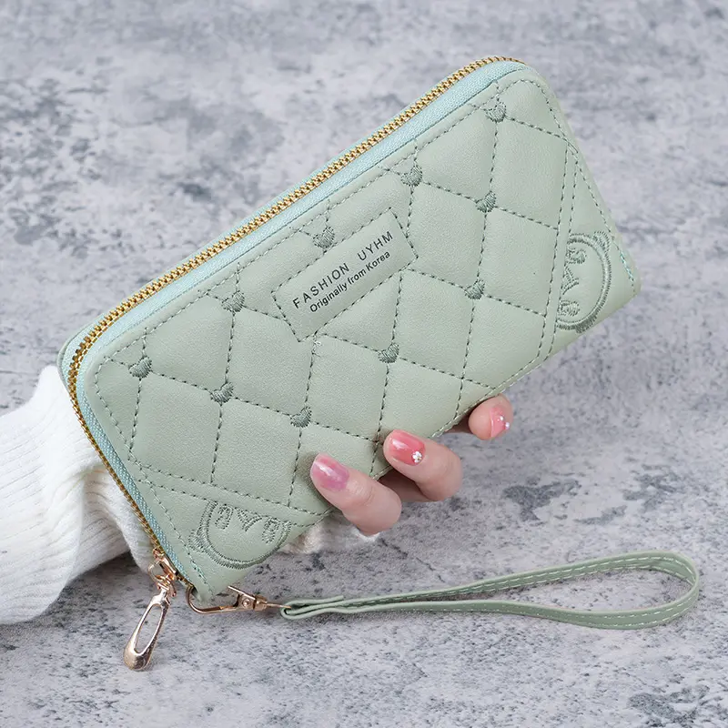 Spot 2024 summer new handbag fresh and sweet long ladies purse solid color PU leather embroidered wallet