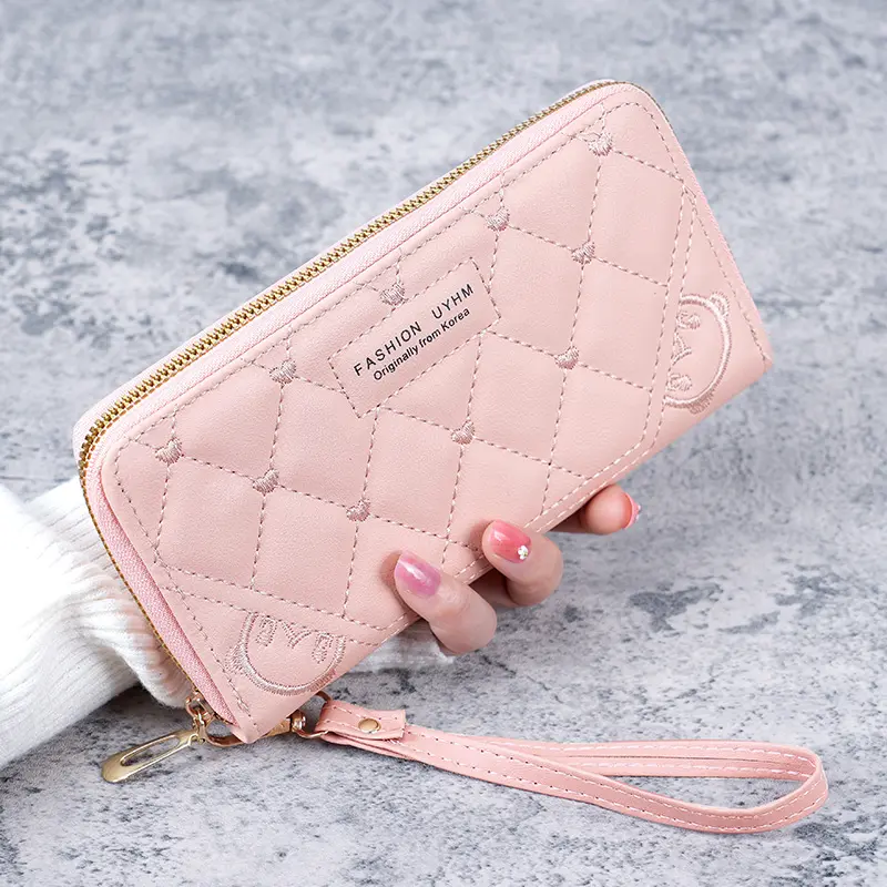 Spot 2024 summer new handbag fresh and sweet long ladies purse solid color PU leather embroidered wallet