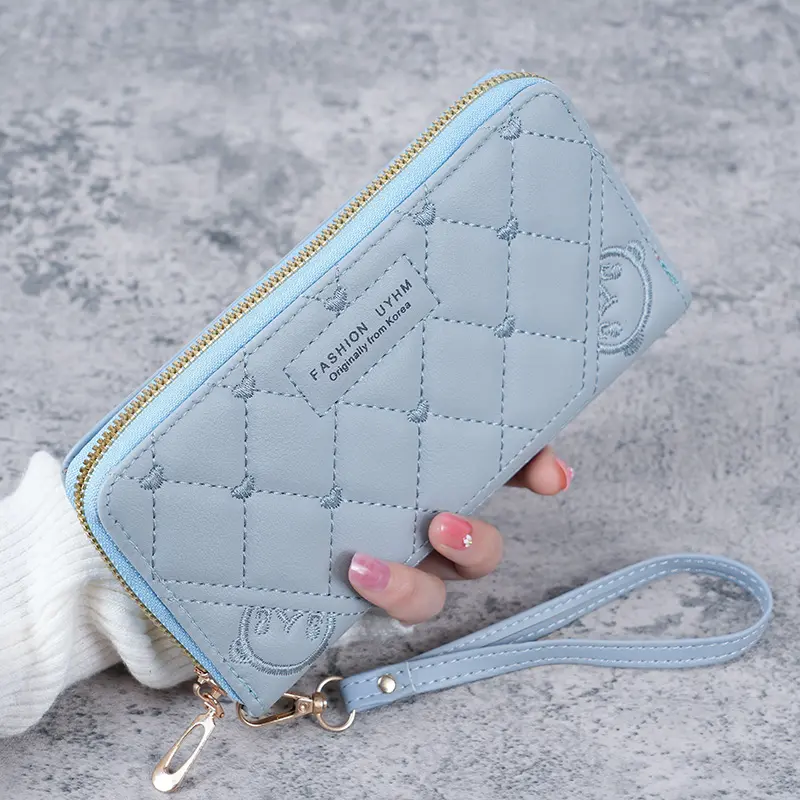 Spot 2024 summer new handbag fresh and sweet long ladies purse solid color PU leather embroidered wallet