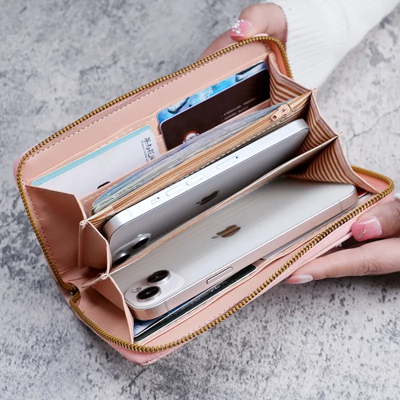 Spot 2024 summer new handbag fresh and sweet long ladies purse solid color PU leather embroidered wallet