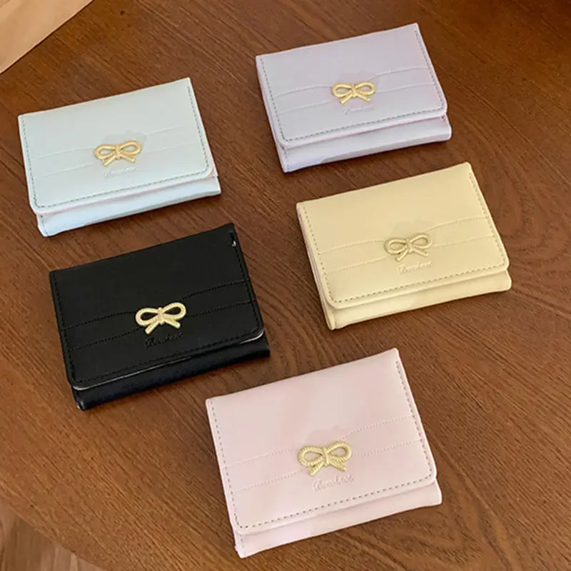 Fashion Wallets Girls Cute Bow Small Wallet Aesthetic Card Holder Classic Three Fold Purse For Women Student Simple Coin Pouch