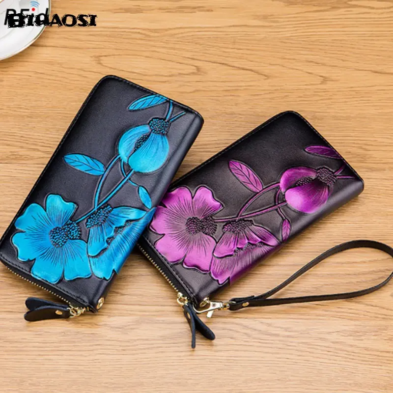 Women's long leather wallet Lady's purse Leather handbag Embossed Wallet shoulder bag fashion bag Cowhide Fashion Wallet
