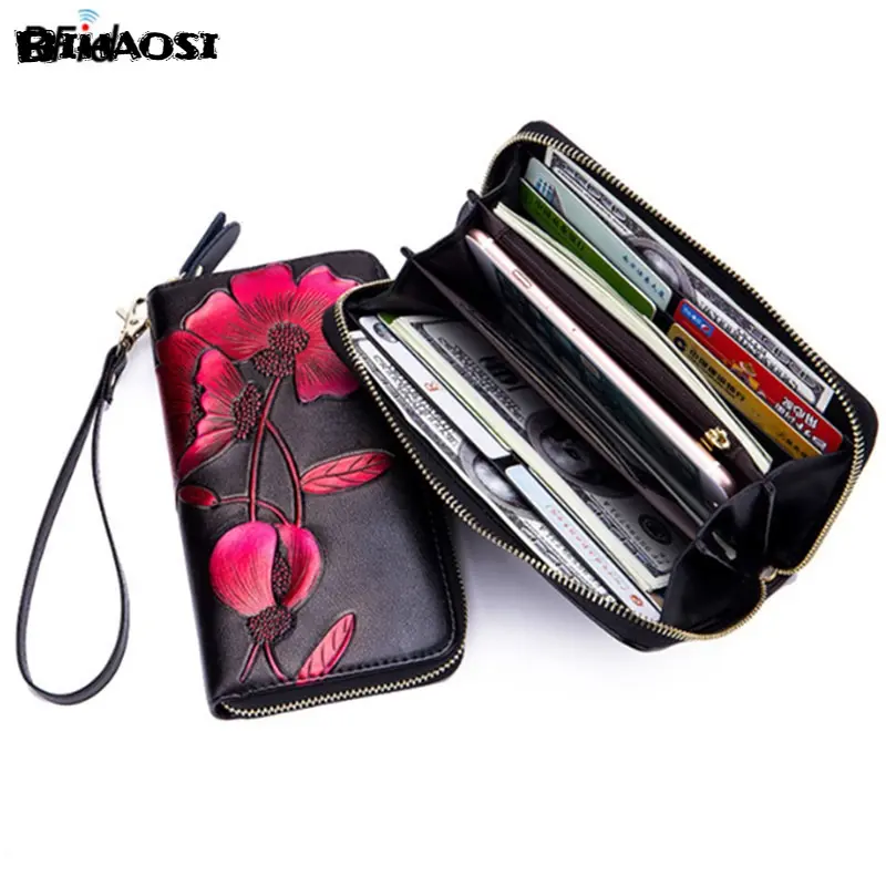 Women's long leather wallet Lady's purse Leather handbag Embossed Wallet shoulder bag fashion bag Cowhide Fashion Wallet