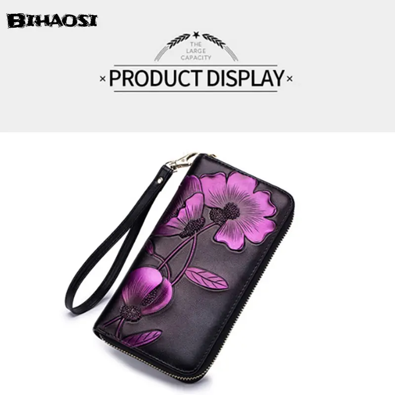 Women's long leather wallet Lady's purse Leather handbag Embossed Wallet shoulder bag fashion bag Cowhide Fashion Wallet