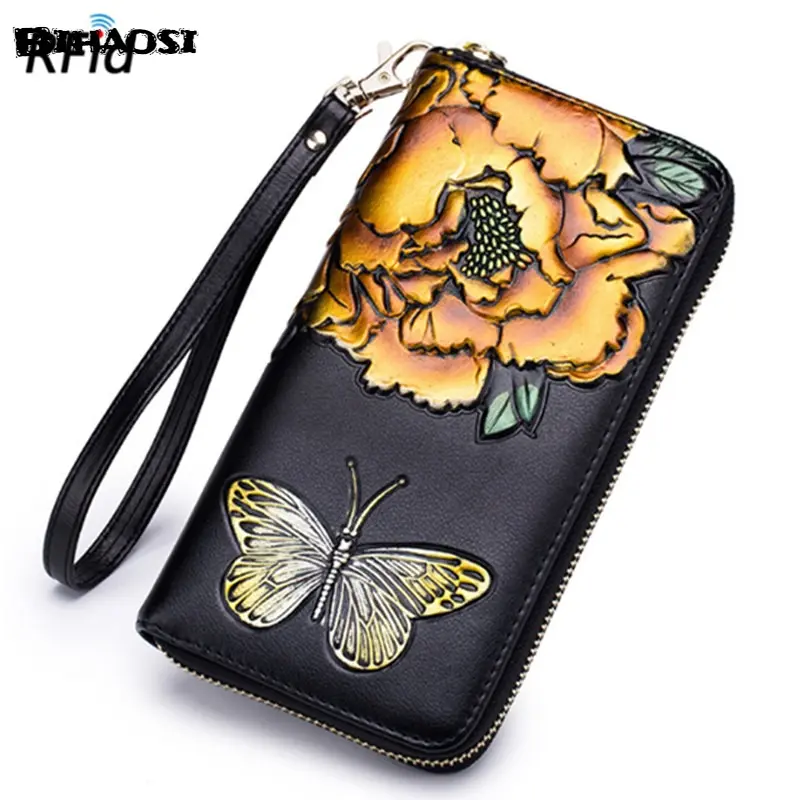 Women's long leather wallet Lady's purse Leather handbag Embossed Wallet shoulder bag fashion bag Cowhide Fashion Wallet