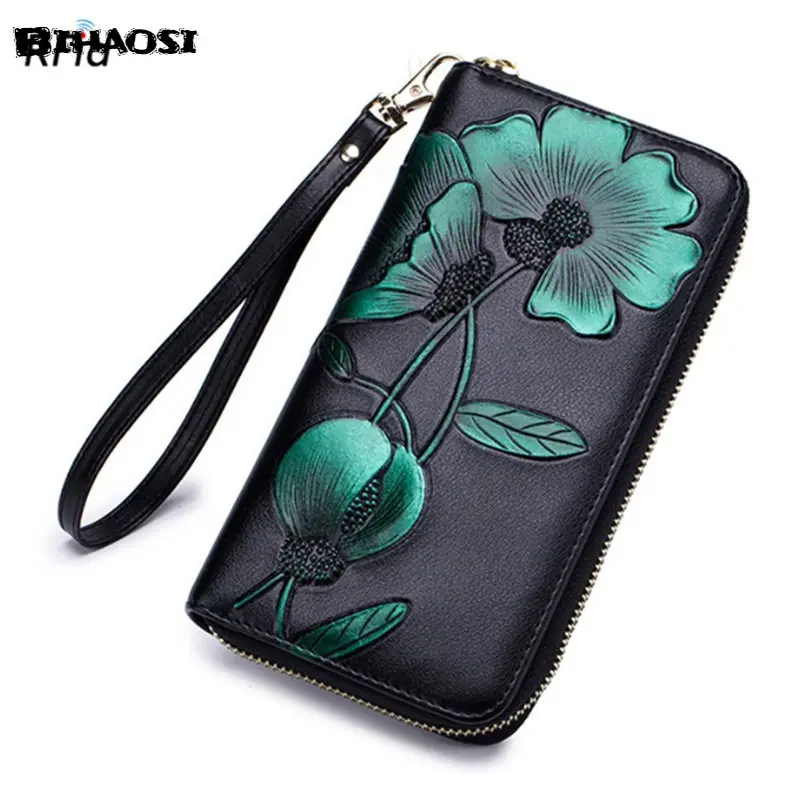 Women's long leather wallet Lady's purse Leather handbag Embossed Wallet shoulder bag fashion bag Cowhide Fashion Wallet