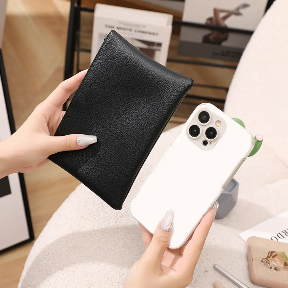 Zipper Coin Purse Key Storage Organizer Solid Color Coin Purse Litchi Pattern Wallet PU Classic Stylish Soft Surface Women Bag