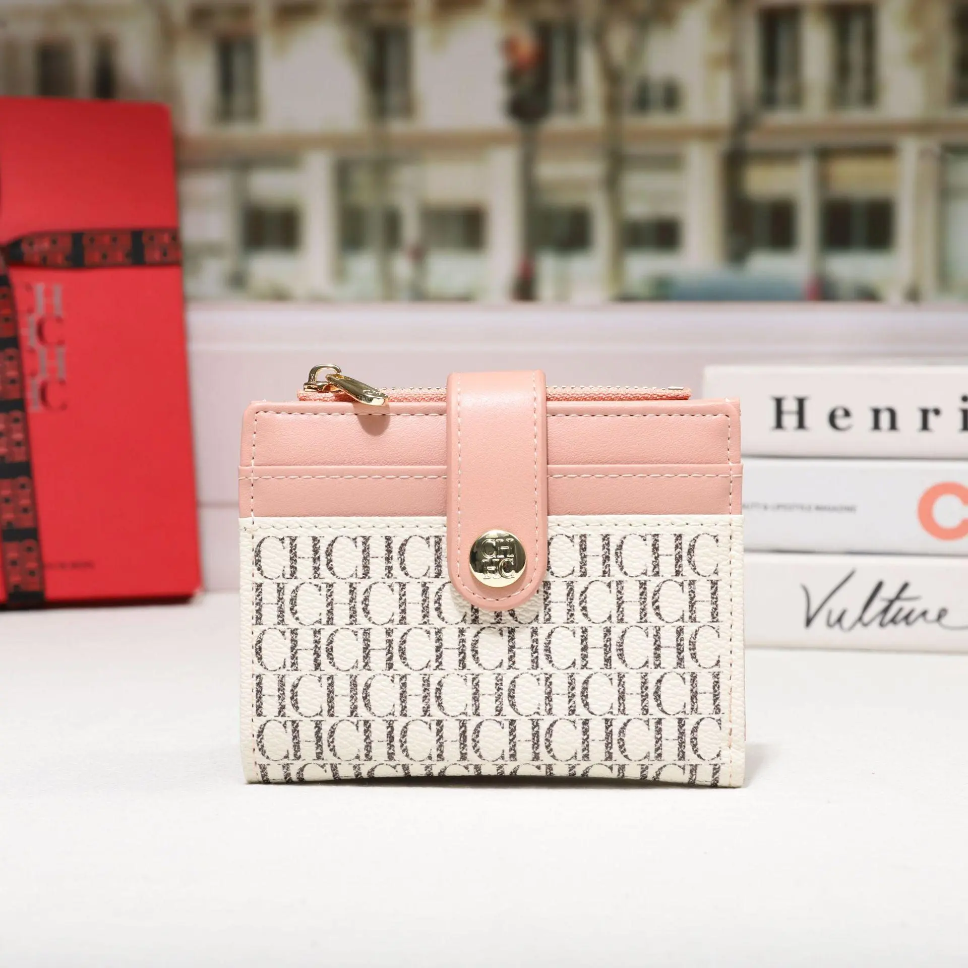 CH Luxury Classic Folding Wallet Small Lightweight Women's Wallet Retro Print Mini Card Holder Multi-function ID Card Coin Purse