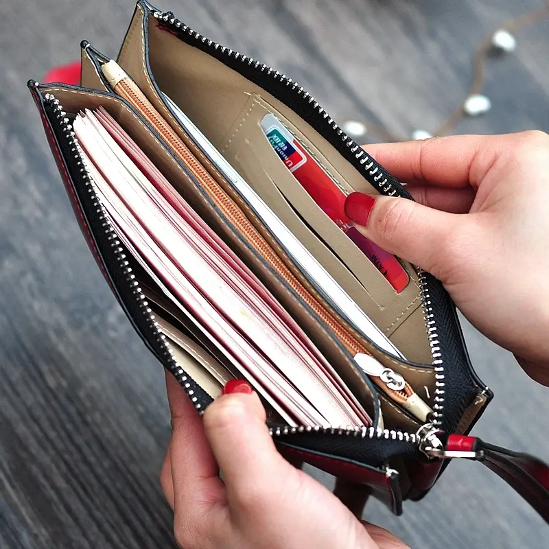 Vintage Oil Wax Leather Zipper Clutch Women's Wallet Female Large Capacity Coin Purse Ladies Wristband Simple Card Holder Wallet