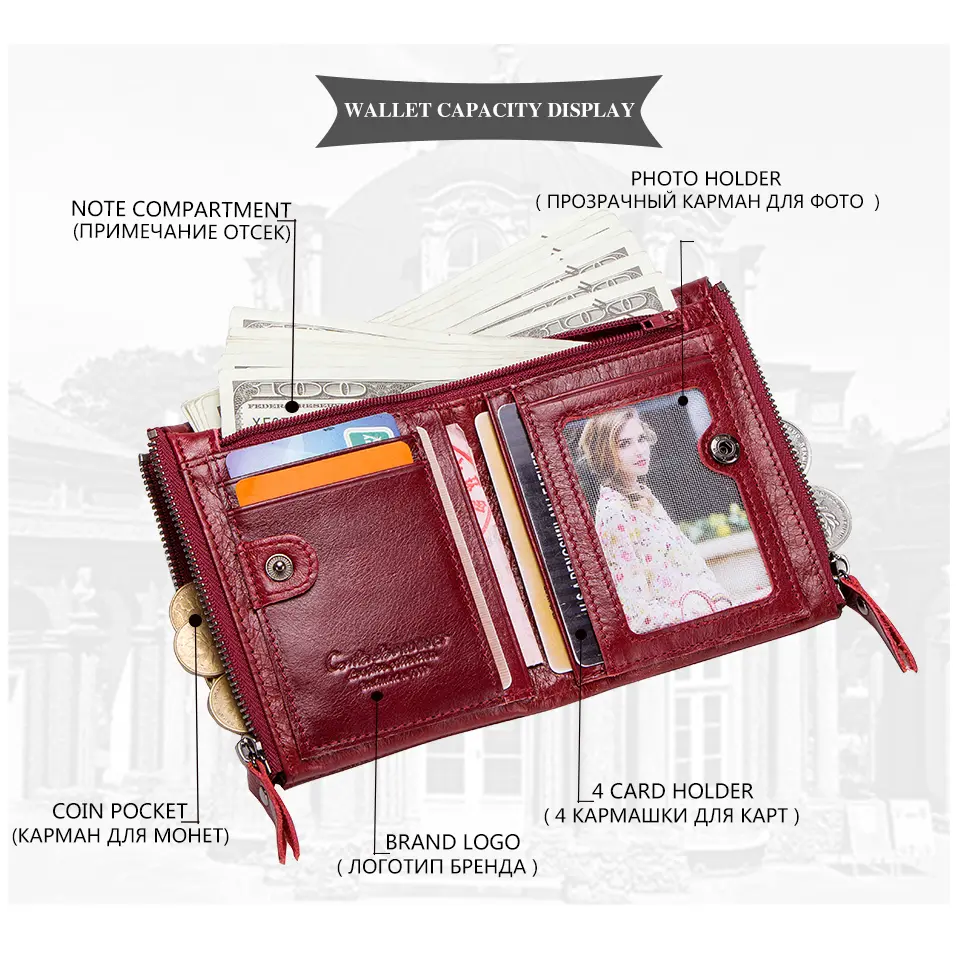 CONTACT'S Genuine Leather Short Wallets for Women Luxury Designer Coin Purse Female Money Clip Card Holder Customize Men Wallets