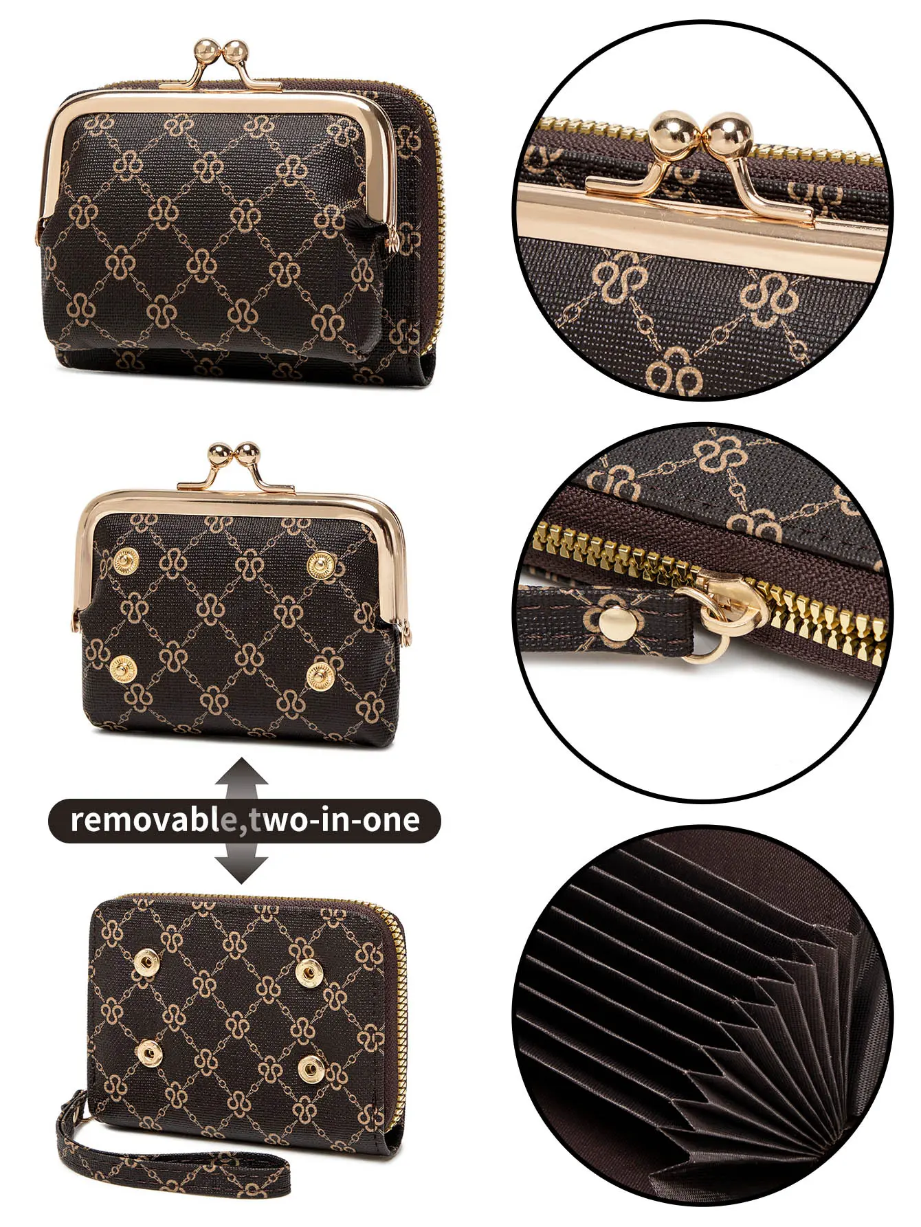 Women's Wallet Fashion Print Short Coin Purse Retro Multi-function Accordion Card Holder Money Clip with Wristband and Kiss Lock