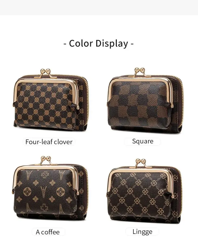 Women's Wallet Fashion Print Short Coin Purse Retro Multi-function Accordion Card Holder Money Clip with Wristband and Kiss Lock