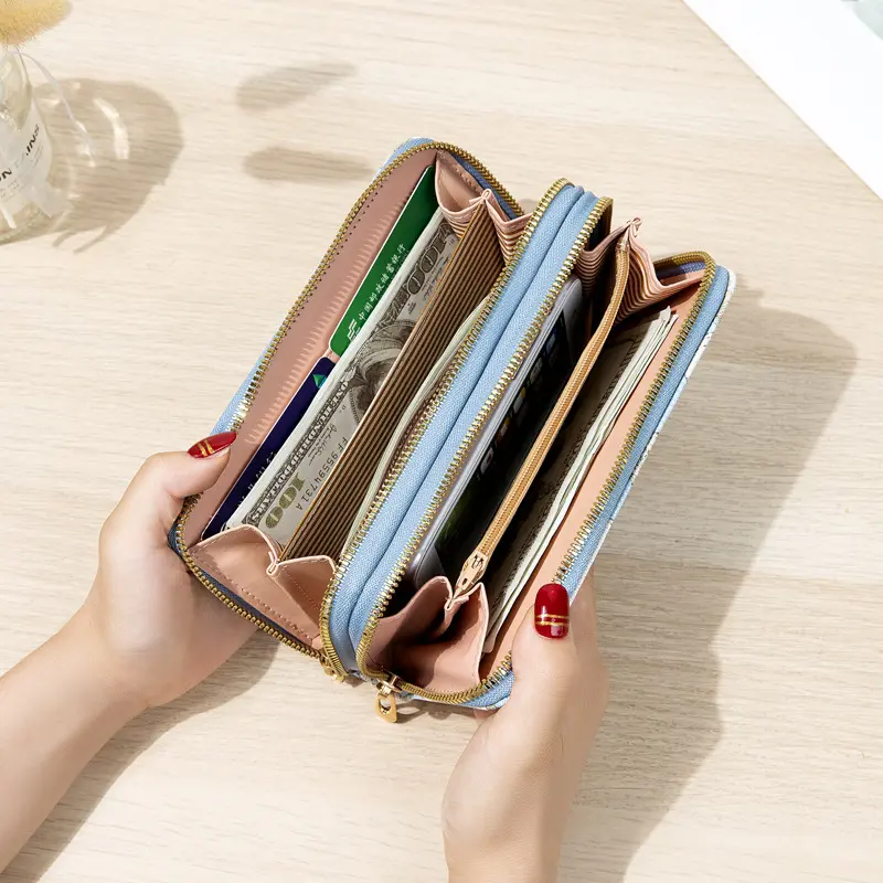 Double Zipper Long Wallet for Women Fashion Flower Embroidery Coin Purses Card Holder Female PU Leather Clutch Phone Money Bag