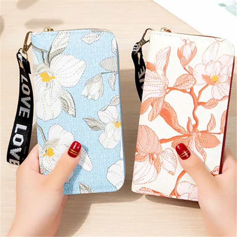 Double Zipper Long Wallet for Women Fashion Flower Embroidery Coin Purses Card Holder Female PU Leather Clutch Phone Money Bag