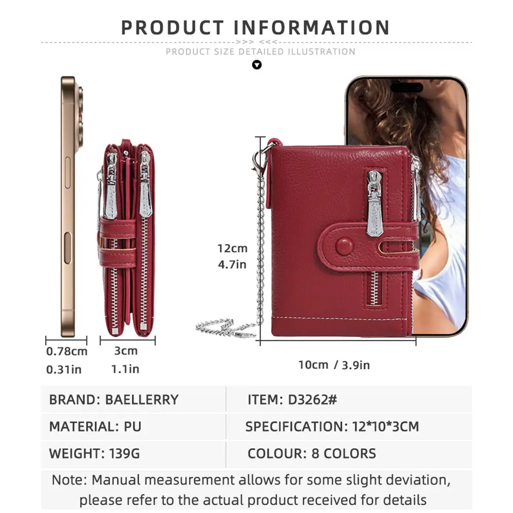 New High Quality Women Short Wallet Double Zipper Coin Pocket Female Purses Credit Card Holder Women's Wallet With Chain