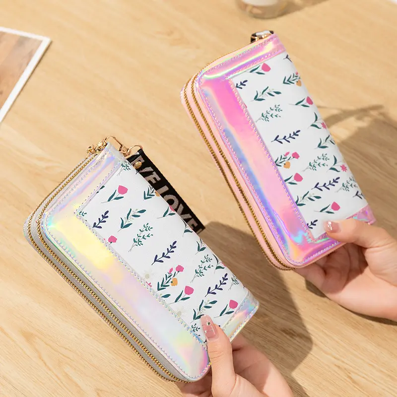 Double Zipper Long Wallet for Women Fashion Flower Embroidery Coin Purses Card Holder Female PU Leather Clutch Phone Money Bag