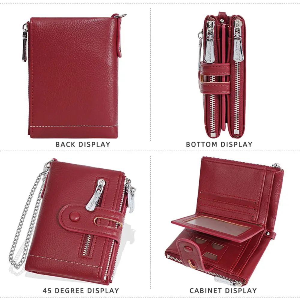 New High Quality Women Short Wallet Double Zipper Coin Pocket Female Purses Credit Card Holder Women's Wallet With Chain