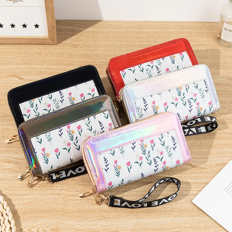 Double Zipper Long Wallet for Women Fashion Flower Embroidery Coin Purses Card Holder Female PU Leather Clutch Phone Money Bag