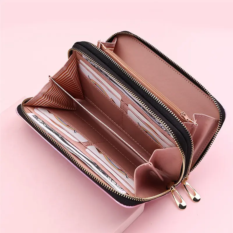Double Zipper Women's Long Wallet Female Laser Soft PU Leather Coin Clutch Bag Large Capacity Business Card Holder New Arrival