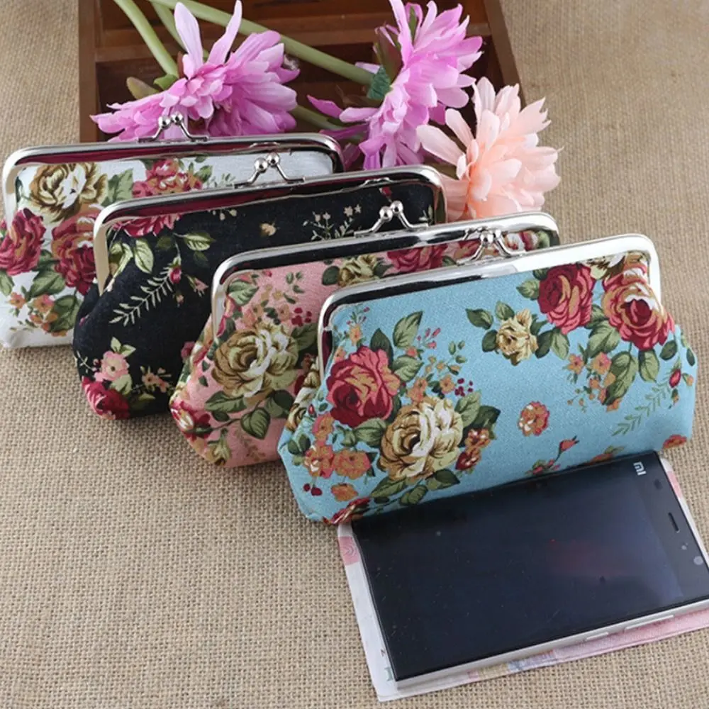 Casual Retro Long Kiss Lock Wallet Vintage Flower Floral Coin Purse Small Wallet Credit Card Holder Money Clutch Bag Girls