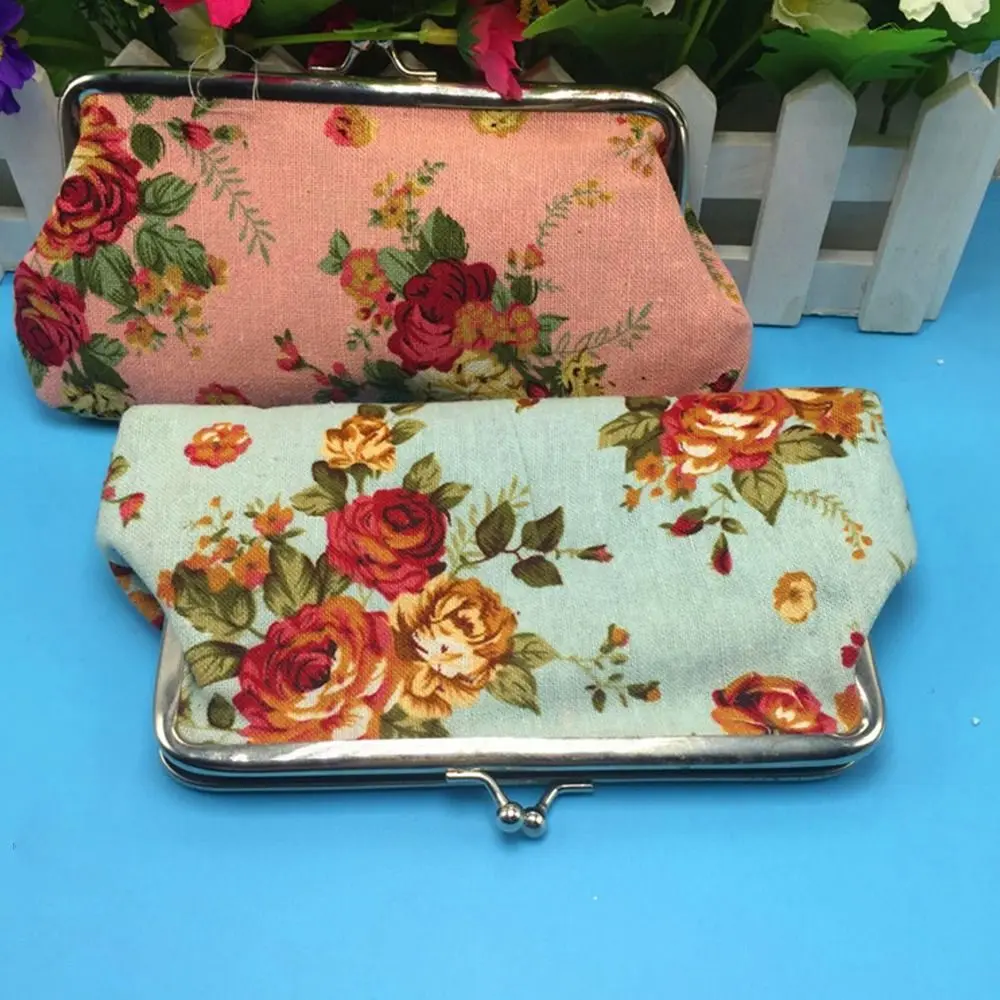 Casual Retro Long Kiss Lock Wallet Vintage Flower Floral Coin Purse Small Wallet Credit Card Holder Money Clutch Bag Girls