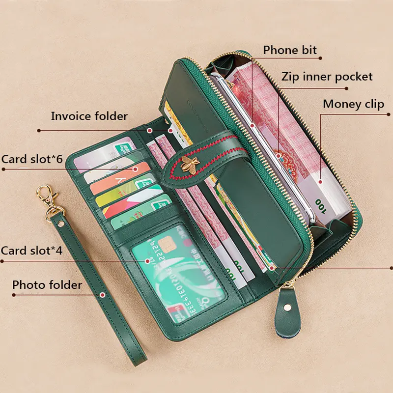Genuine Leather Wallets Women Clutch Female Purses Long Money Bag Zipper Coin Bee Luxury Brand Wristlet Phone Hasp Card Holder