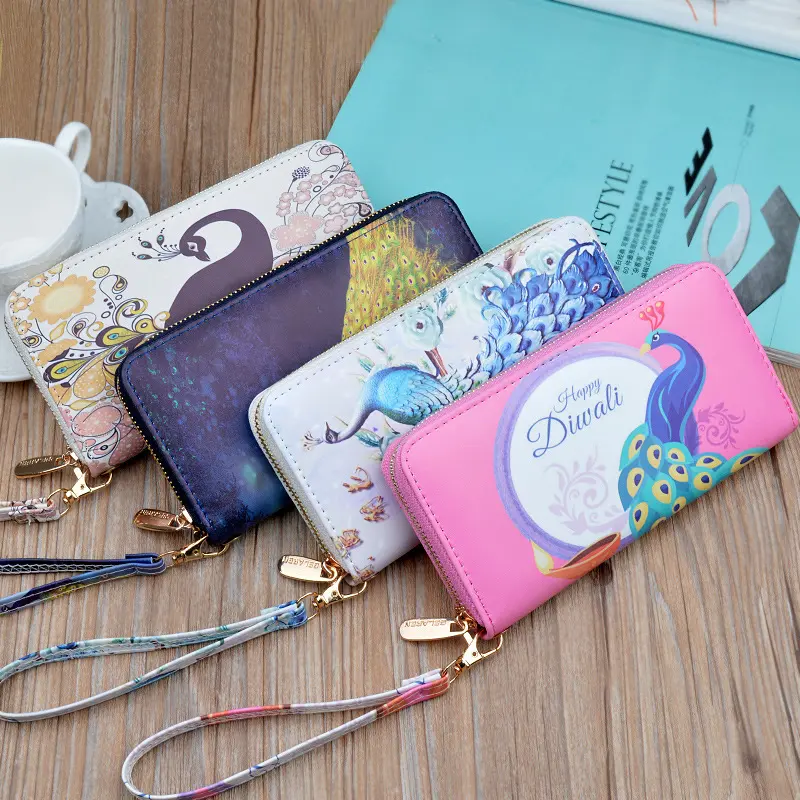 Long Wallets for Women PU Leather Peacock Printing Zipper Wristband Clutch Bag Large Capacity Female Money Clip Card Holder