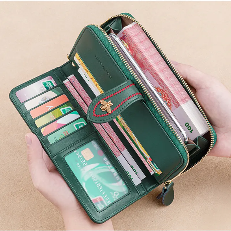 Genuine Leather Wallets Women Clutch Female Purses Long Money Bag Zipper Coin Bee Luxury Brand Wristlet Phone Hasp Card Holder