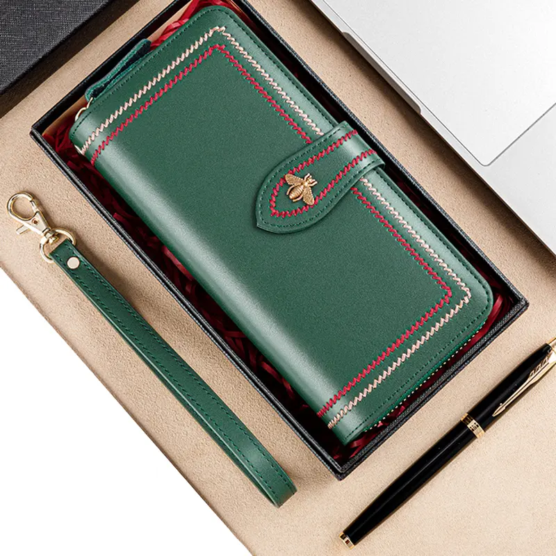 Genuine Leather Wallets Women Clutch Female Purses Long Money Bag Zipper Coin Bee Luxury Brand Wristlet Phone Hasp Card Holder